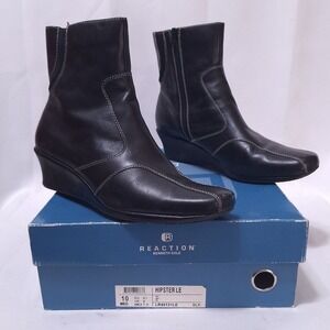 Kenneth Cole Reaction Hipster LE Leather Wedge Ankle Boots 10M Black Square Toe